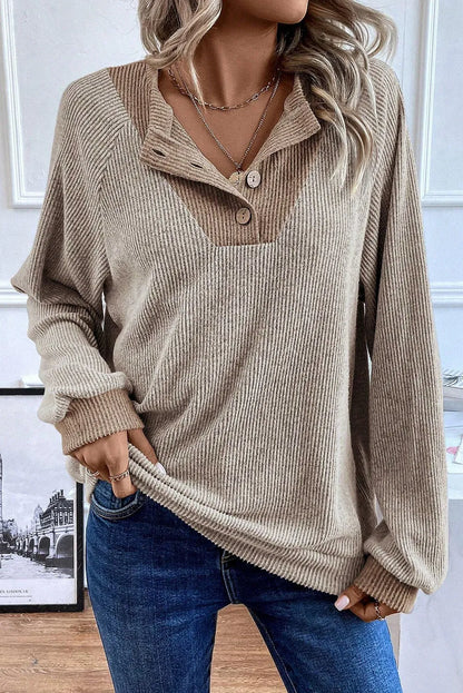 Jet Stream Color Contrast Ribbed Loose Fit Long Sleeve Top - Chic Meadow Boutique 