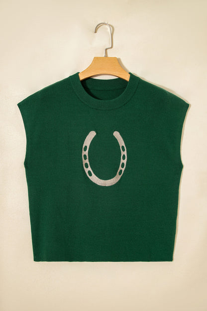 Blackish Green Horseshoe Graphic Western Short Sleeve Sweater