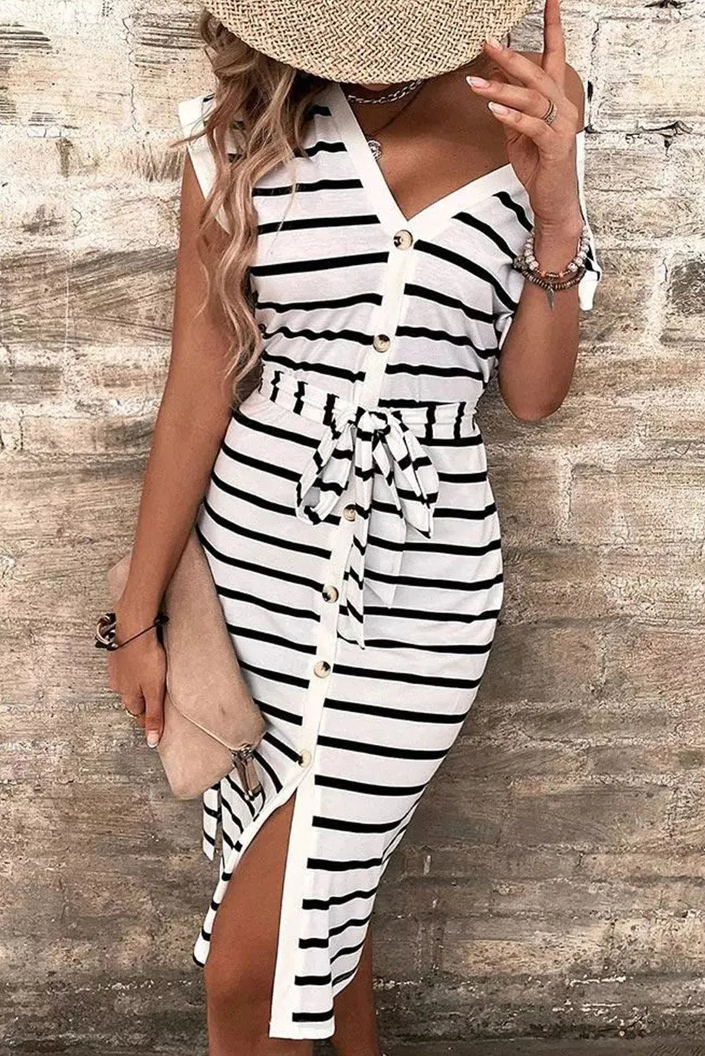 Striped Button Slit Tie V-Neck Midi Dress - Chic Meadow Boutique 