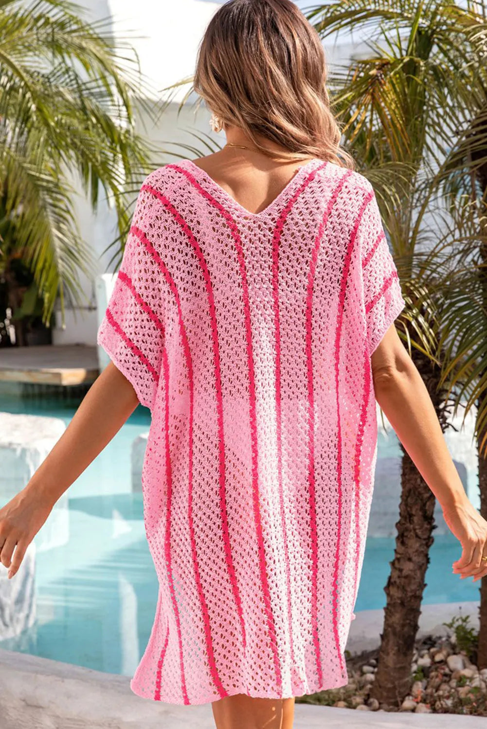 Pink Striped Crochet Loose Fit V Neck Beach Cover Up - Chic Meadow Boutique 