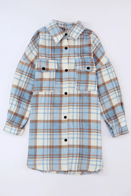 Sky Blue Plaid Flap Pocket Long Sleeve Shacket - Chic Meadow Boutique 