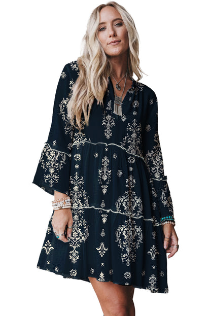 Blue Boho Floral Print Lettuce Trim 3/4 Sleeve Mini Dress