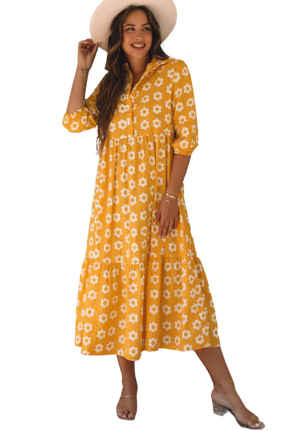 Dresses/Maxi Dresses Yellow Flower Print Bracelet Sleeve Buttons Collared Maxi Dress