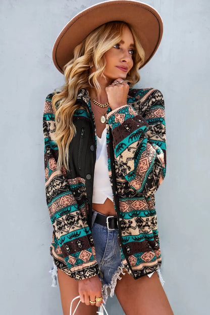 Black Western Colorblock Snap Buttoned Sherpa Jacket - Chic Meadow Boutique 