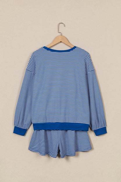 Blue Stripe Oversized Long Sleeve Top Drawstring Loose Shorts 2pcs Set