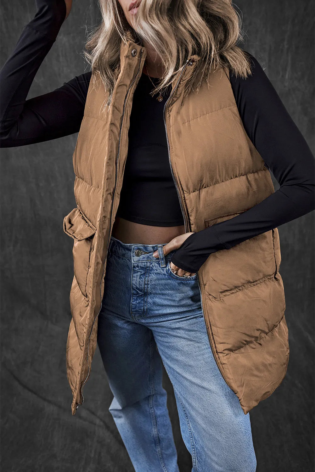 Coffee Windproof Longline Full Zipper Puffer Vest with Pockets - Chic Meadow Boutique 