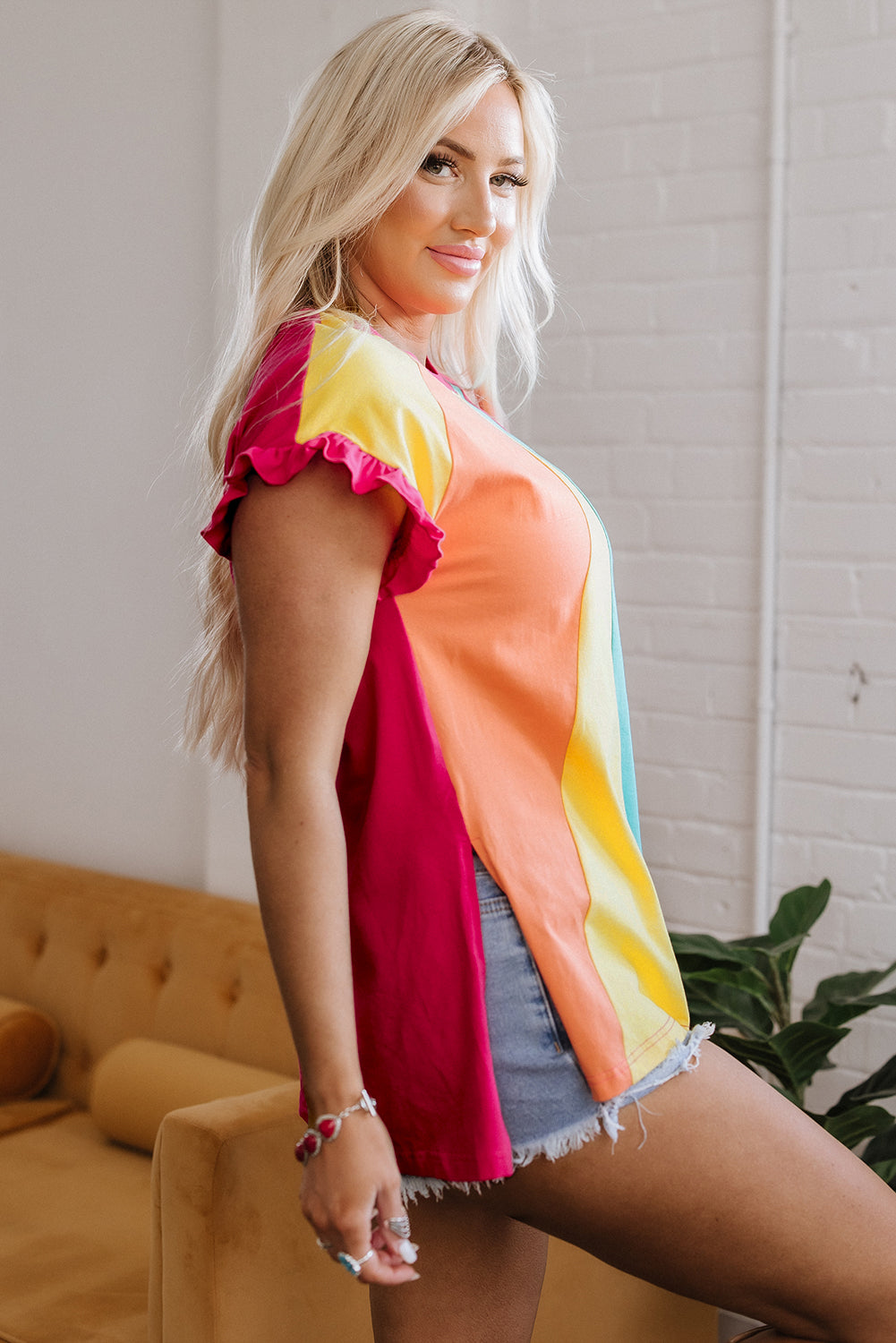 Rose Red Color Block Ruffled Crew Neck Loose Fit T Shirt