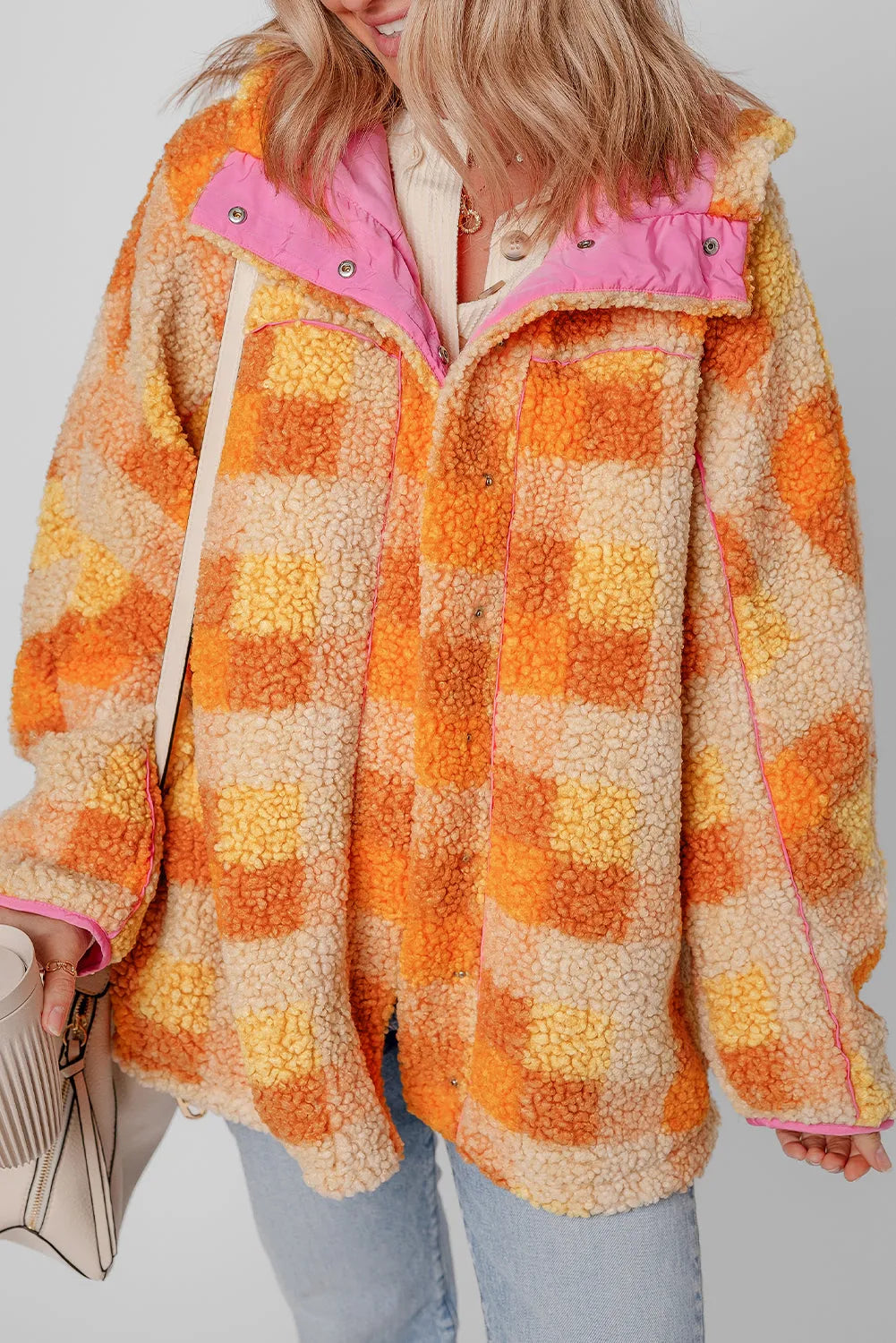 Orange Checkered Sherpa Hooded Jacket - Chic Meadow Boutique 