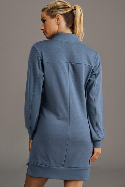 Ivy Zip up Collared Ribbed Patchwork Sweatshirt Dress with Pockets