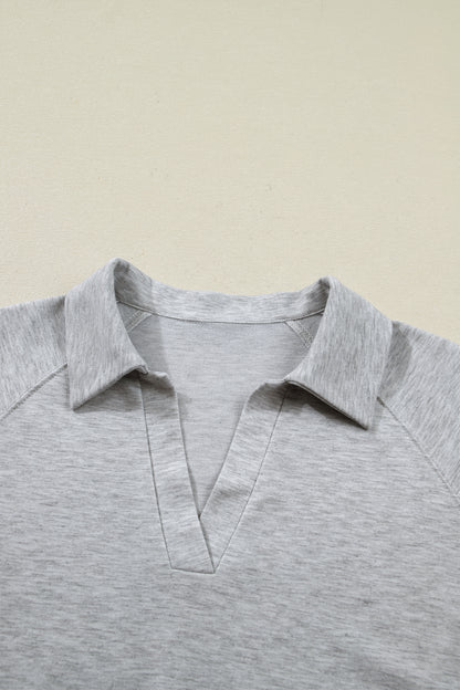 Light Grey Collared V Neck Tee Drawstring Elastic Waist Shorts 2pcs Outfit