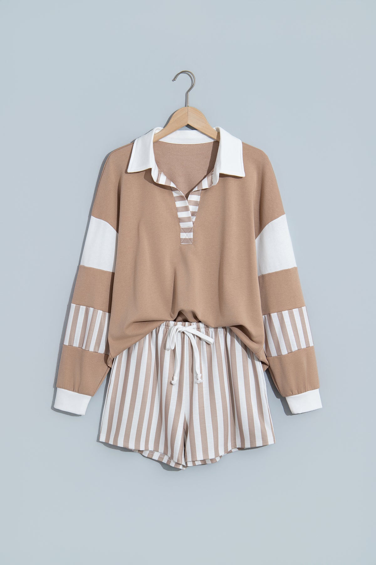 Smoke Gray Striped Color Block Pullover Top Drawstring Shorts Set