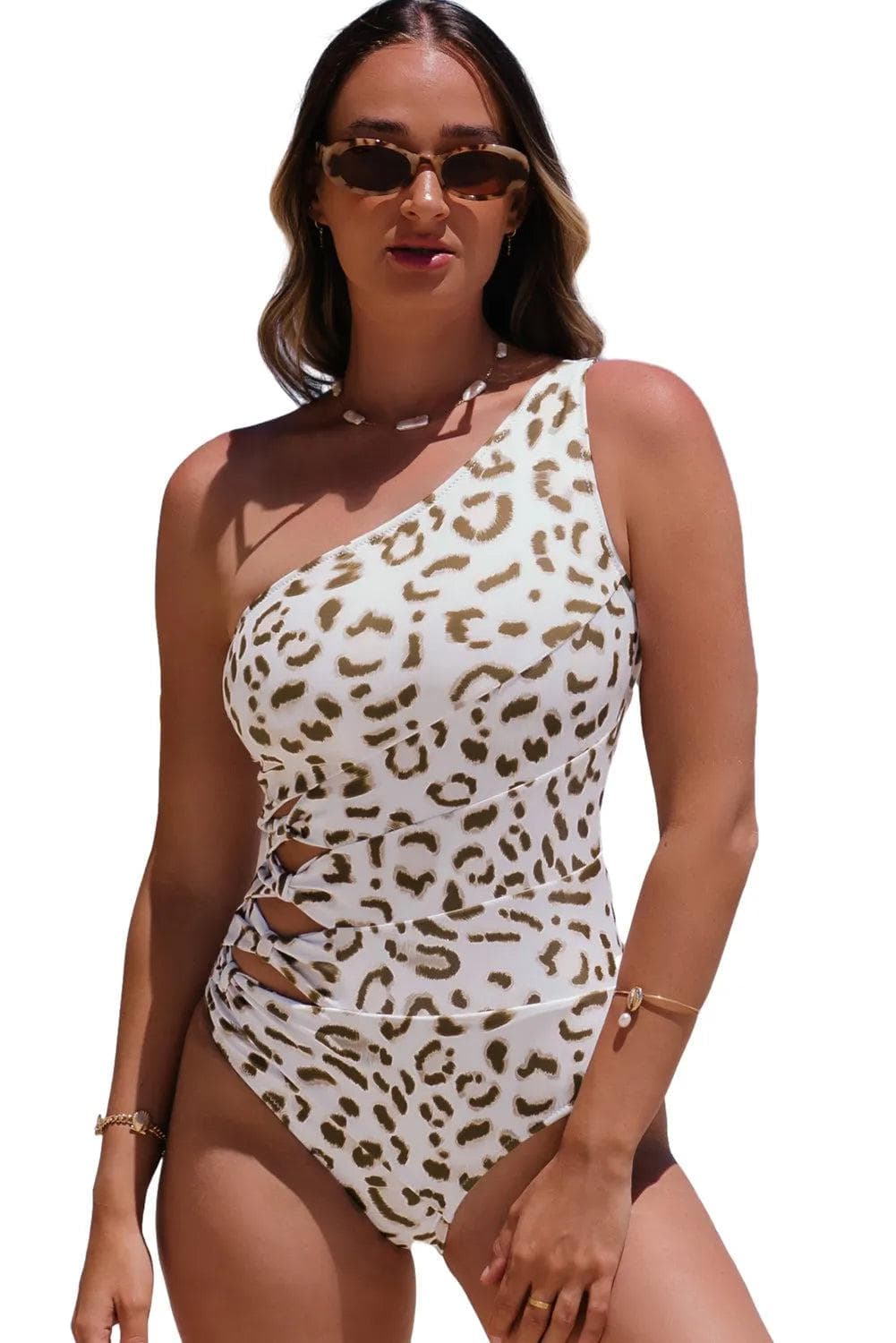 Swimwear/One Piece Swimsuit Leopard Print One Shoulder Hollow-out One-Piece Swimsuit