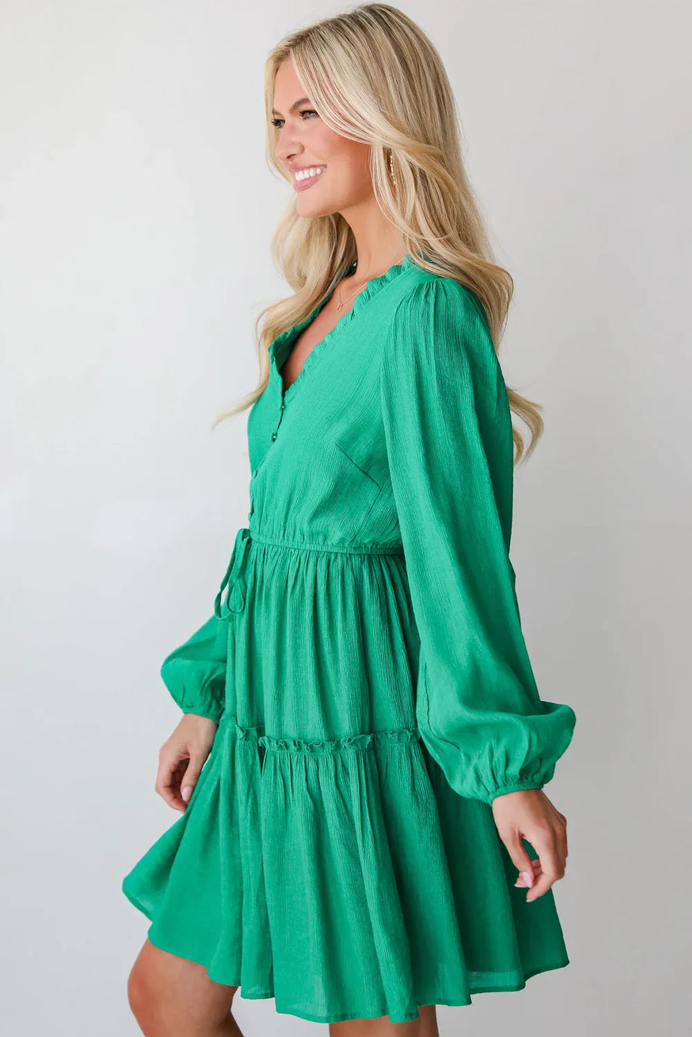 Sea Green Frilly V Neck Puff Sleeve Drawstring Shift Mini Dress - Chic Meadow Boutique 