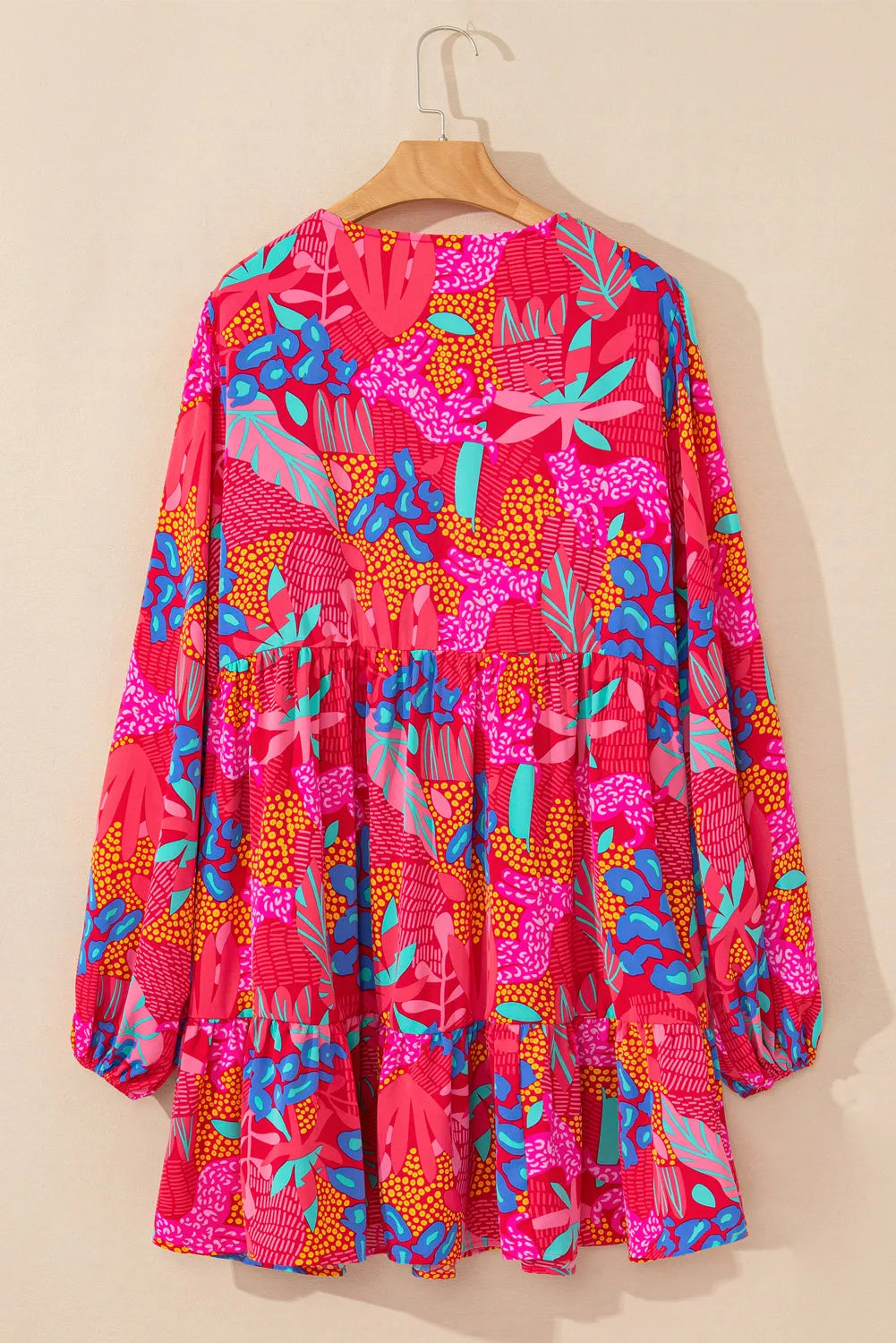 Rose Tropical Printed Lantern Sleeve V Neck Ruffled Plus Size Mini Dress - Chic Meadow Boutique 