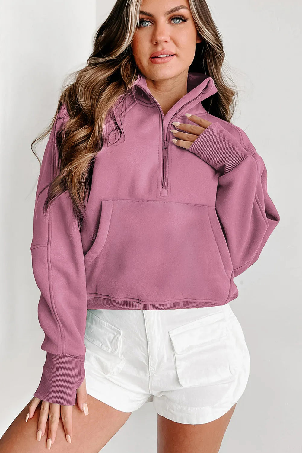 Phalaenopsis Fleece Lined Zip Up Stand Collar Thumbhole Sleeve Sweatshirt - Chic Meadow Boutique 