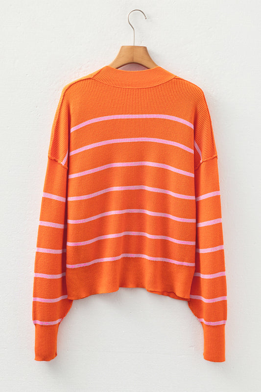 Orange Stripe Ribbed High Neck Drop Shoulder Boxy Fit Sweater