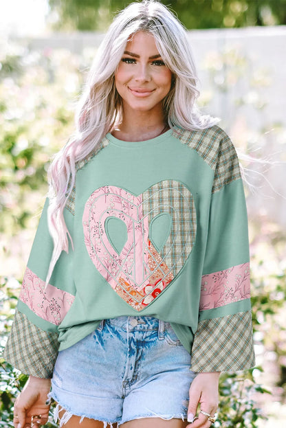 Clearly Aqua Plaid Floral Peace Heart Graphic Wide Long Sleeve Top - Chic Meadow Boutique 