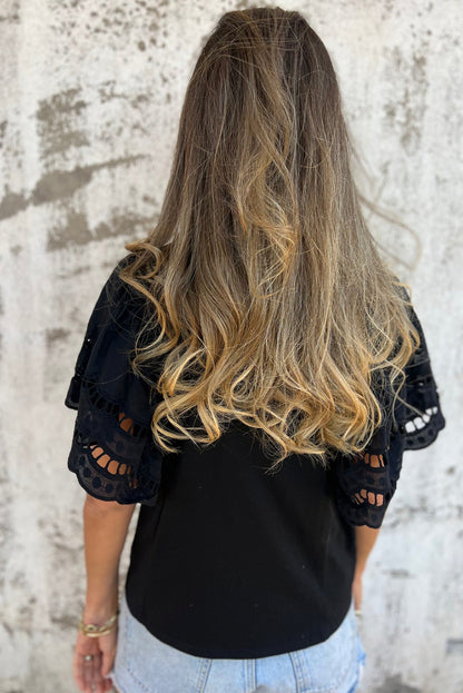 Black Hollow Out Embroidered Short Sleeve O Neck Top