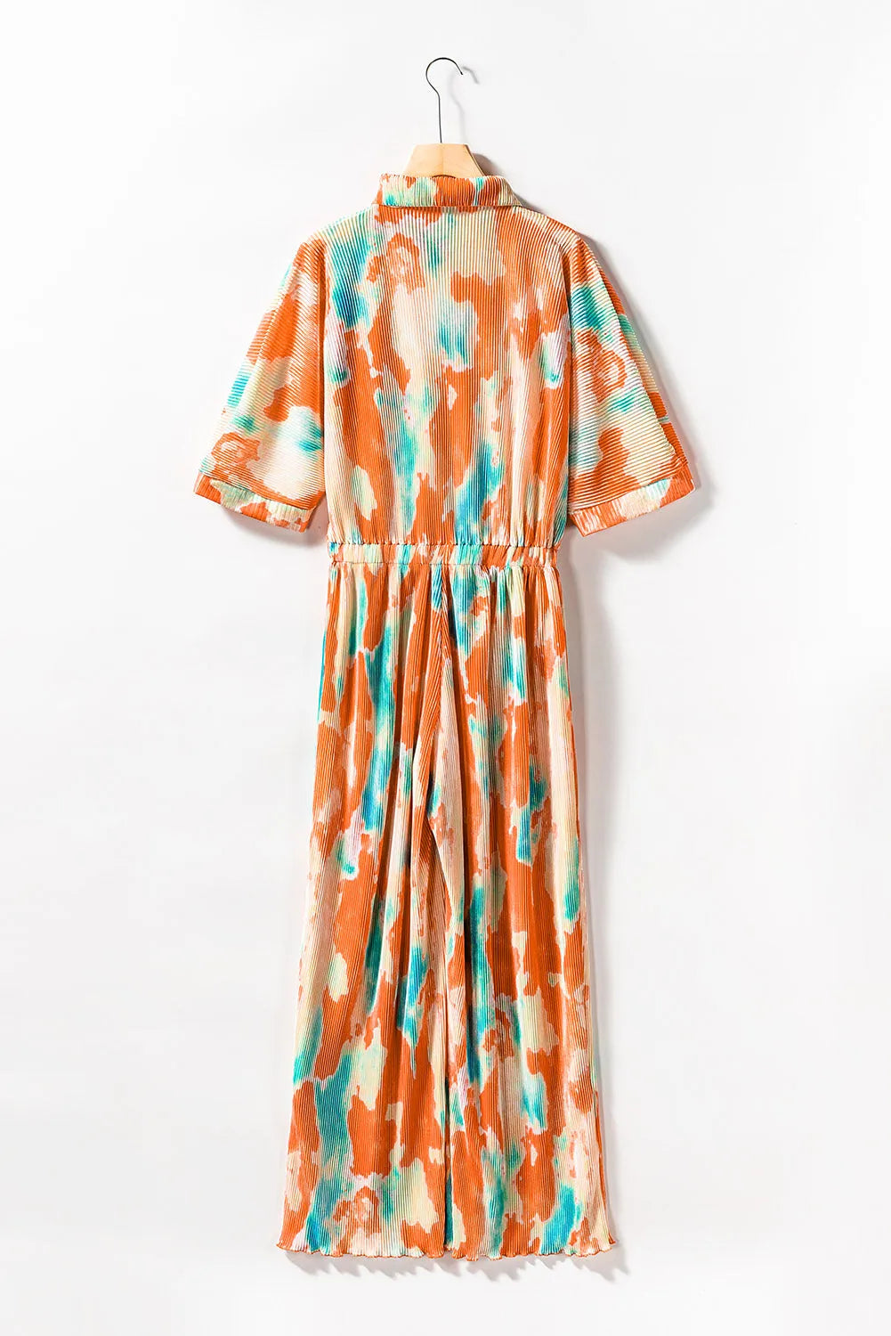 Multicolor Bohemian Tie Dye Pleated Shirt Collar Loose Jumpsuit - Chic Meadow Boutique 