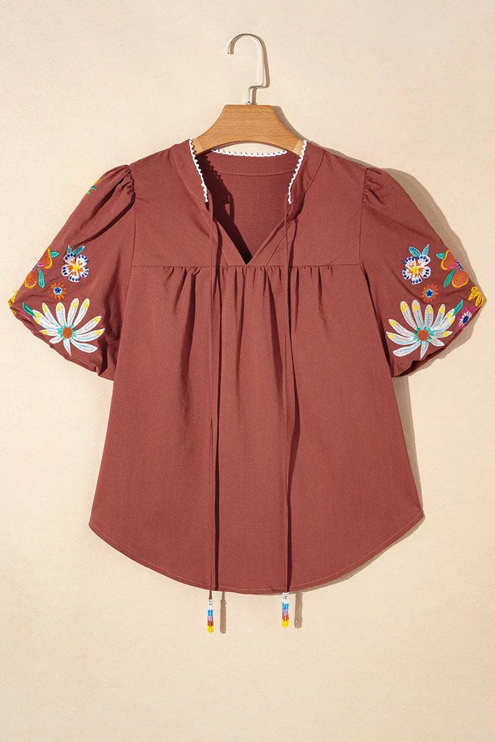 Tops/Blouses & Shirts Mineral Red Floral Embroidered Puff Sleeve Split Neck Blouse