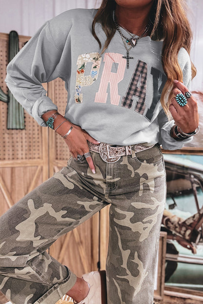 Green Bay Floral Buffalo Plaid Striped Embroidered Patch Western Pullover Sweatshirt