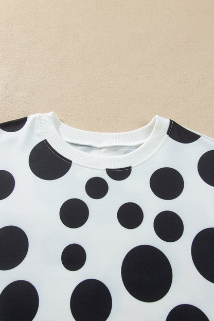 White Polka Dot Long Sleeve Top Drawstring Relaxed Pants Set
