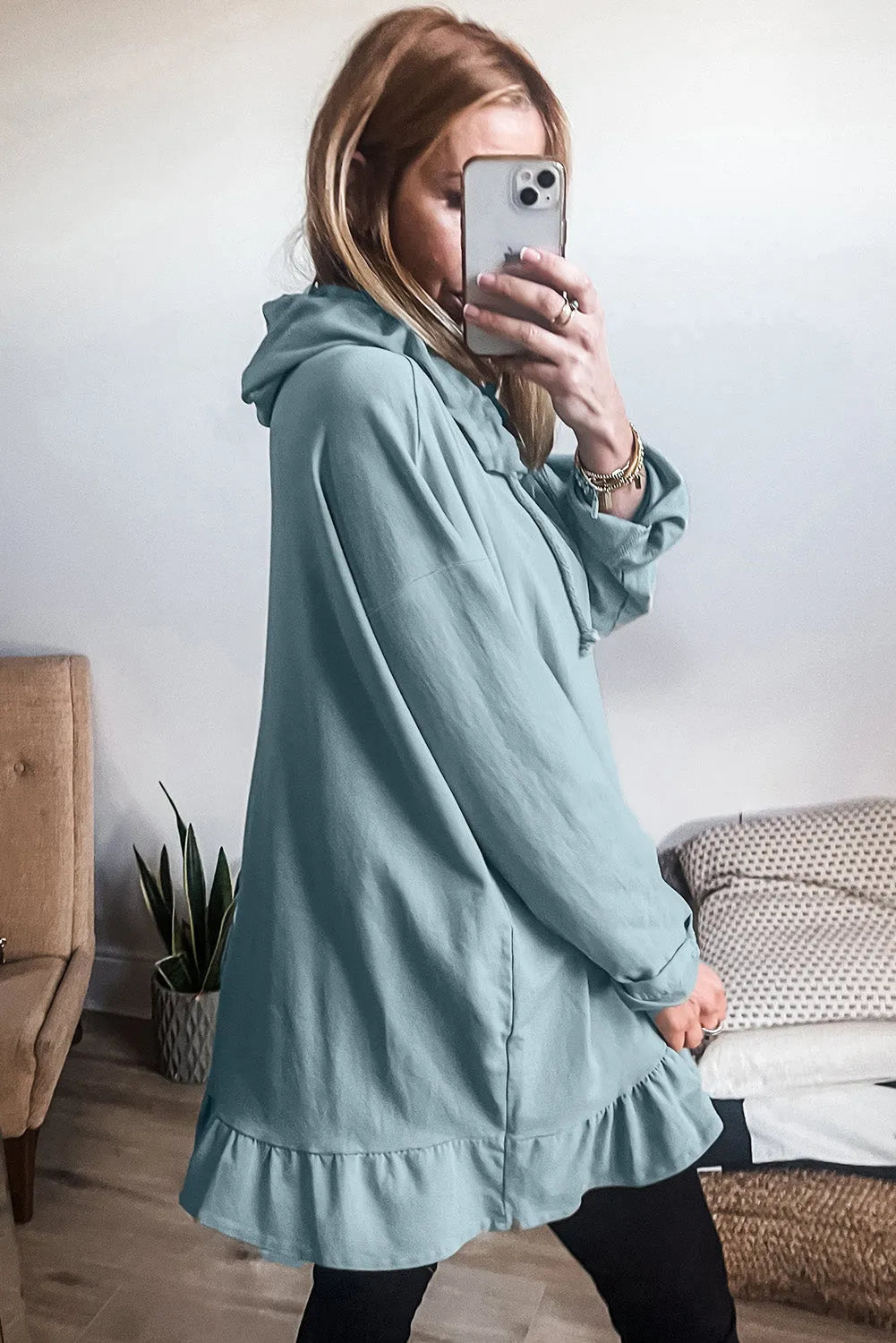 Iceland Blue Solid Ruffled Hem Loose Fit Tunic Hoodie - Chic Meadow Boutique 