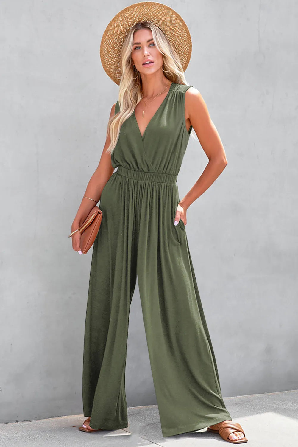 Bottoms/Jumpsuits & Rompers Jungle Green Deep V Pleated Crisscross Wide Leg Backless Jumpsuit