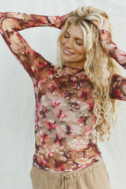 Red Floral Print Sheer Mesh Long Sleeve Top