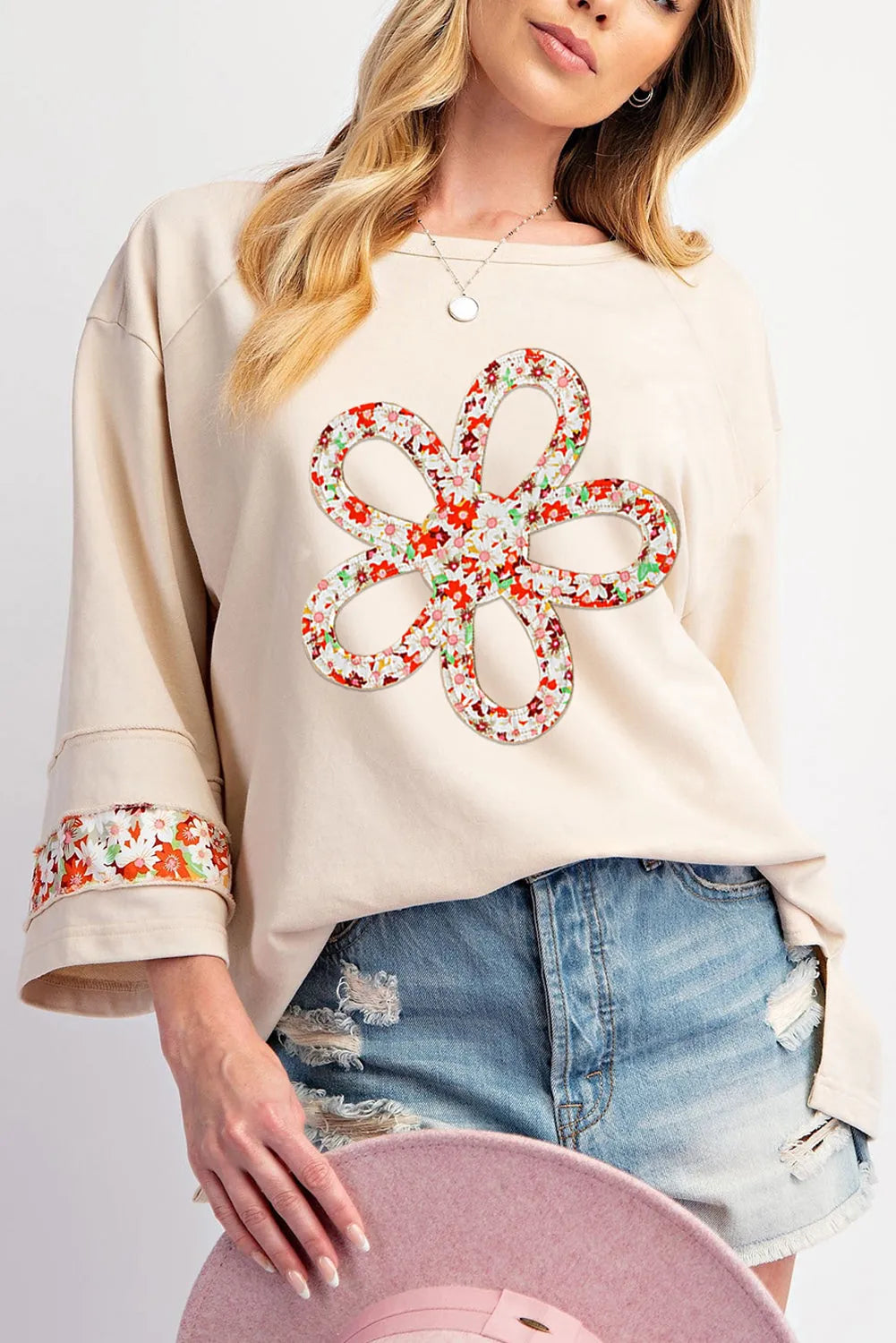 Beige Flower Patch Graphic Exposed Seam Wide Sleeve Top - Chic Meadow Boutique 