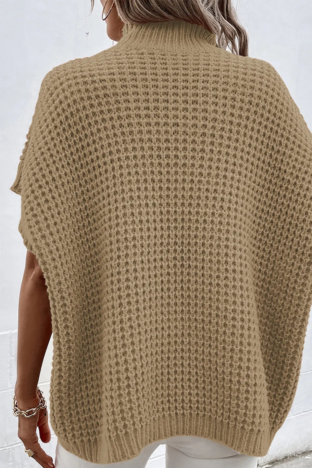 Tops/Sweaters & Cardigans Light French Beige High Neck Short Batwing Sleeve Textured Knit Sweater