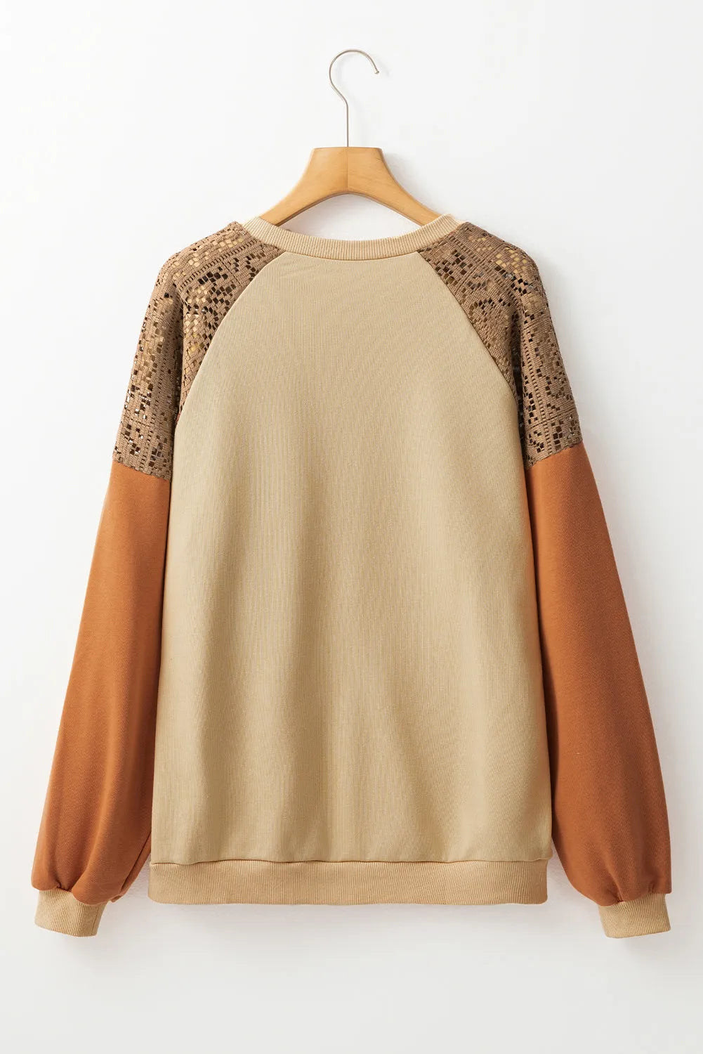 Khaki Lace Patchwork Colorblock Drop Shoulder Sweatshirt - Chic Meadow Boutique 