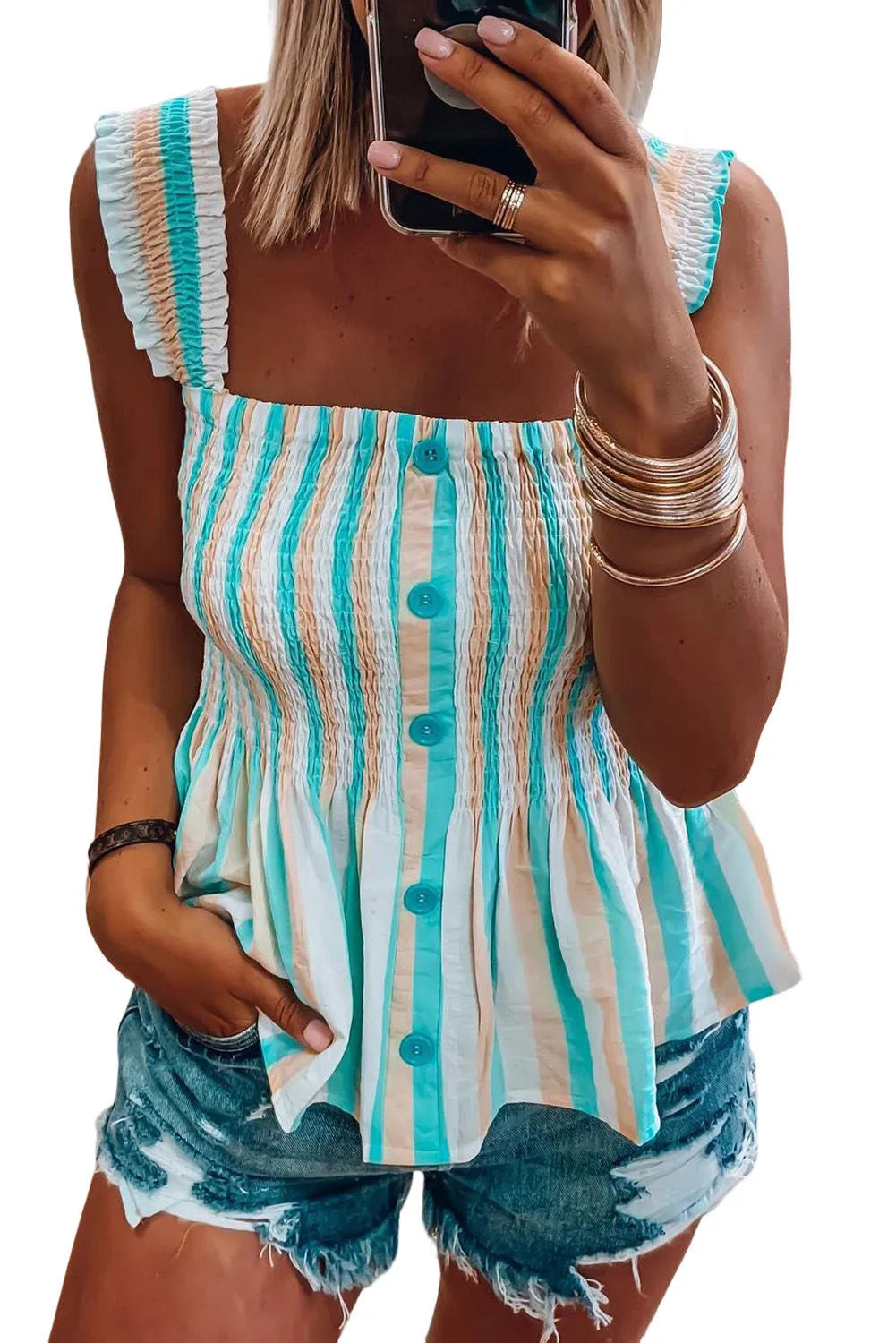 Striped Print Smocked Peplum Tank Top - Chic Meadow Boutique 