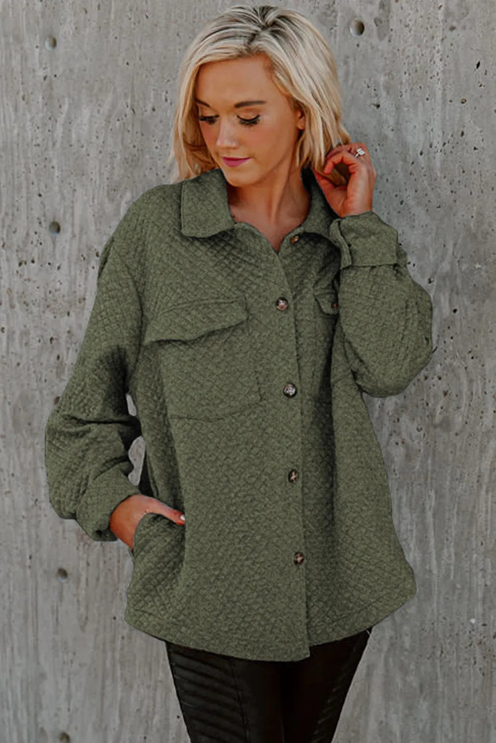 Green Retro Quilted Flap Pocket Button Shacket - Chic Meadow Boutique 