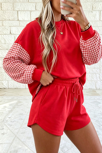 Red Plaid Patchwork Long Sleeve Top Solid Drawstring Shorts Set