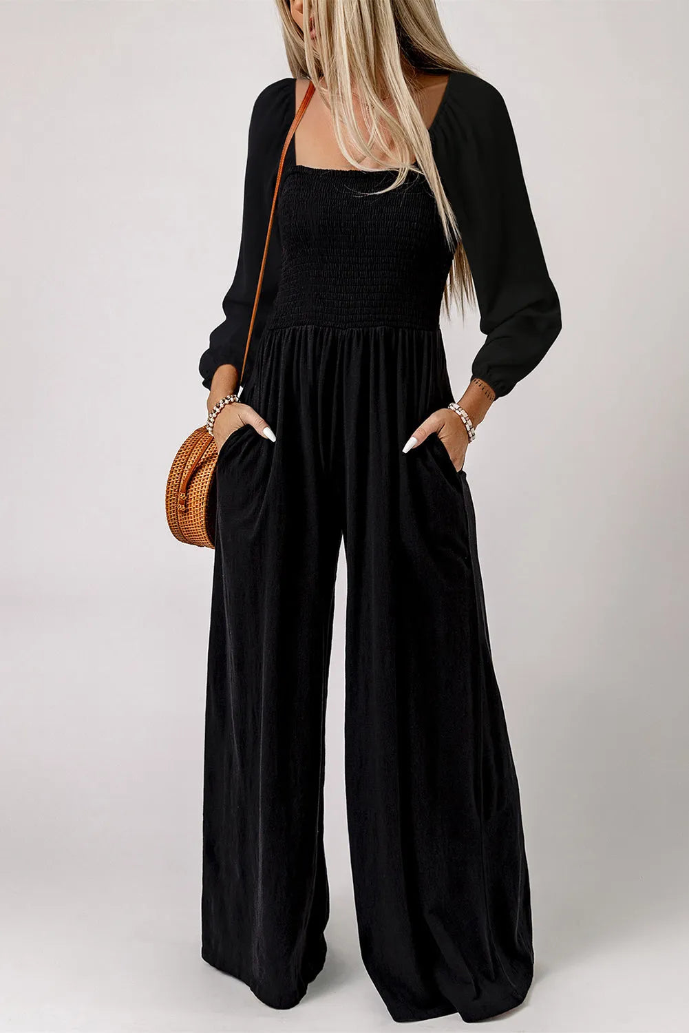 Black Smocked Square Neck Long Sleeve Wide Leg Jumpsuit - Chic Meadow Boutique 