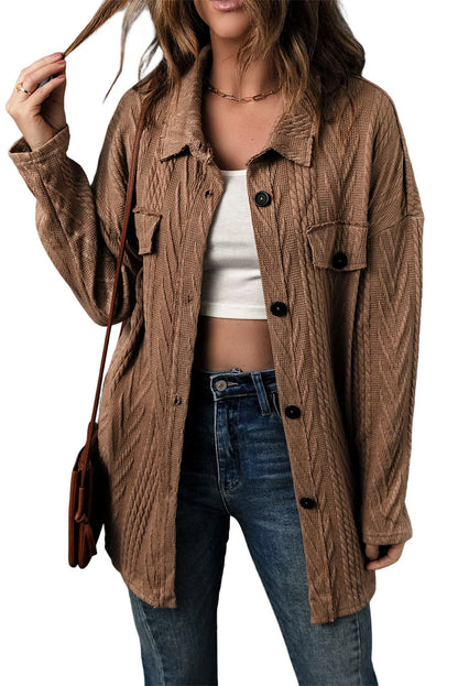 Khaki Oversize Textured Knit Button Front Shacket - Chic Meadow Boutique 