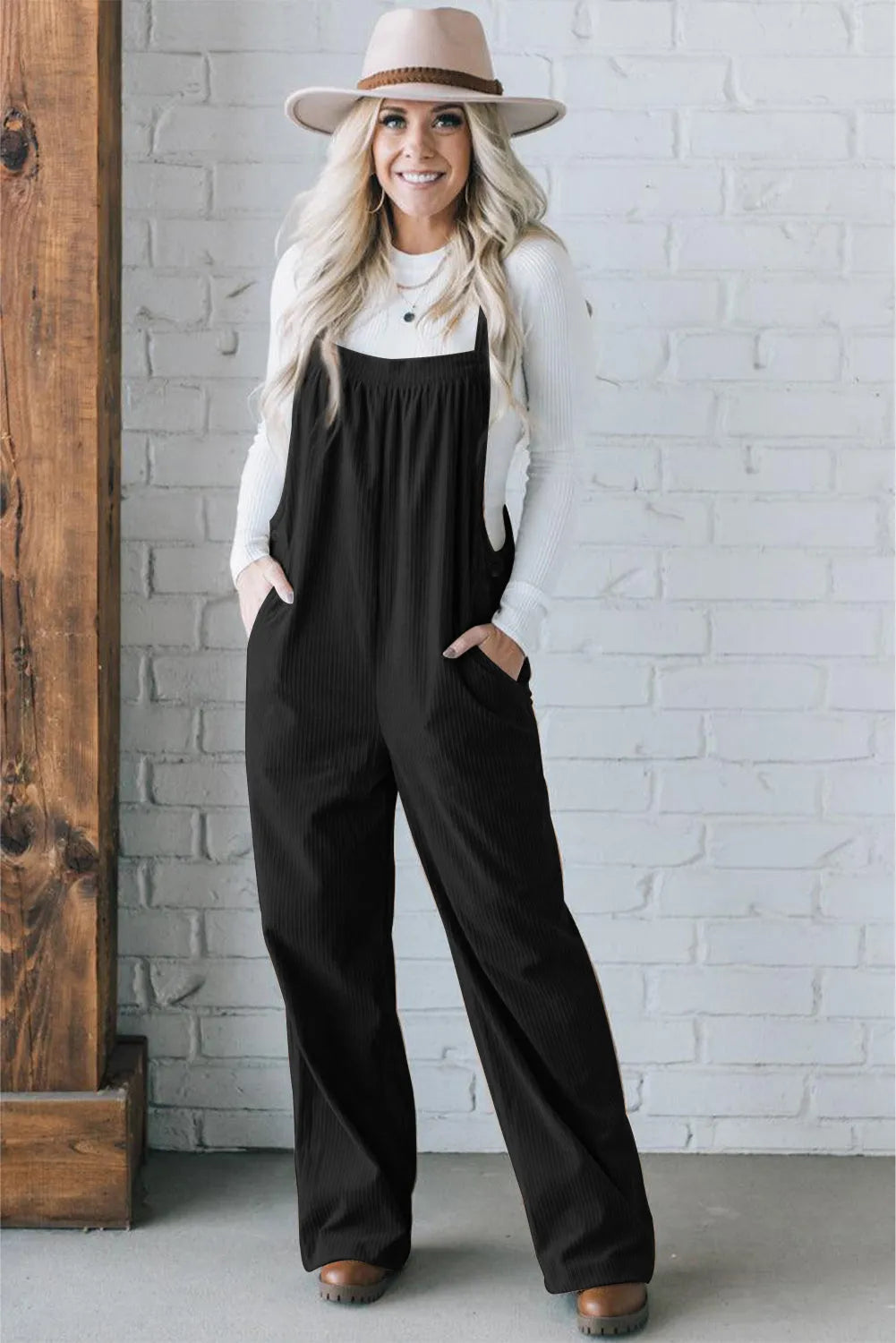 Black Solid Pocketed Loose Fit Corduroy Overall - Chic Meadow Boutique 