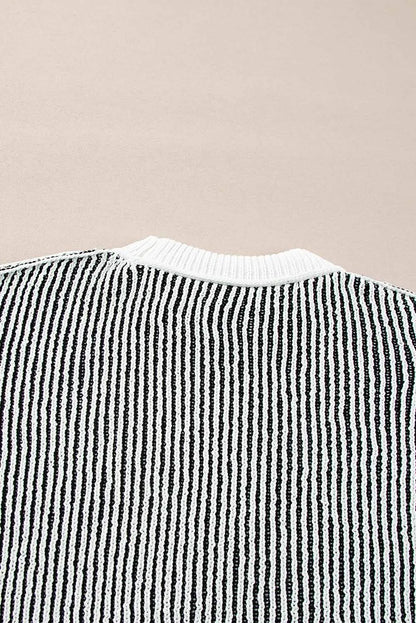 Black Striped Textured Knit Contrast Edge Loose Sweater - Chic Meadow Boutique 