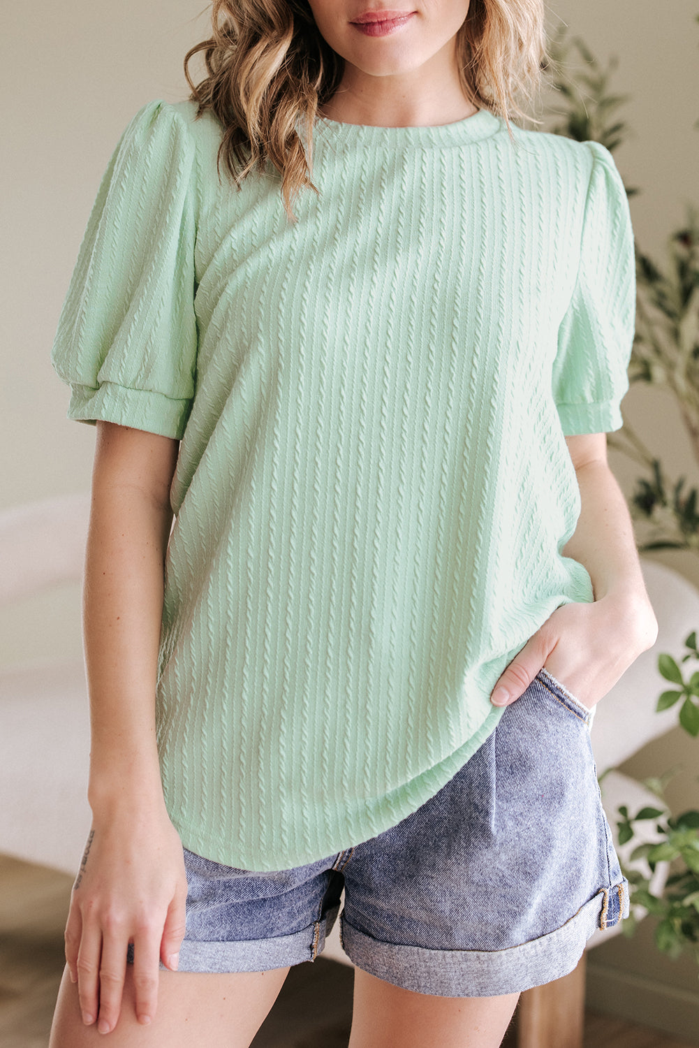 Mist Green Textured Round Neck Short Puff Sleeve Top