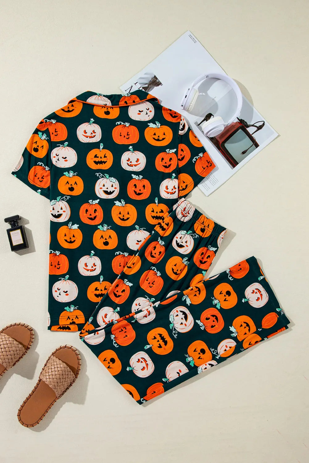 Orange Halloween Pattern Short Sleeve Shirt Pajama Set - Chic Meadow Boutique 