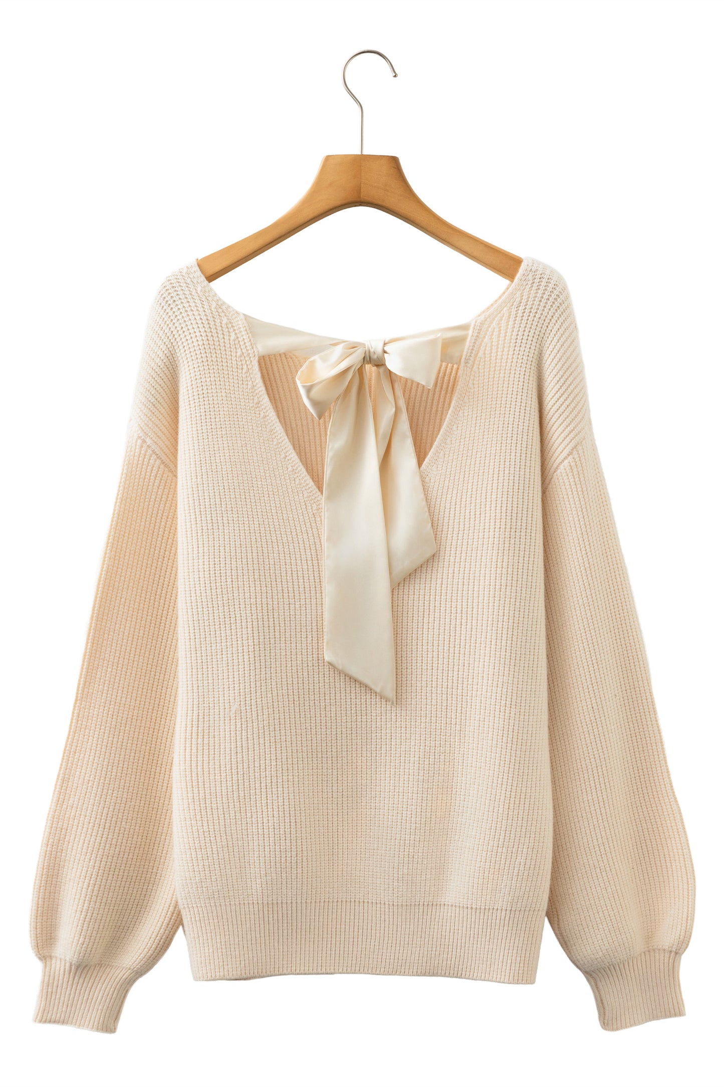 Jet Stream Ribbed Knit Ribbon Knot Backless Drop Shoulder Sweater