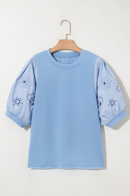Beau Blue Eyelet Flower Embroidered Puff Short Sleeve Patchwork Crew Neck Blouse