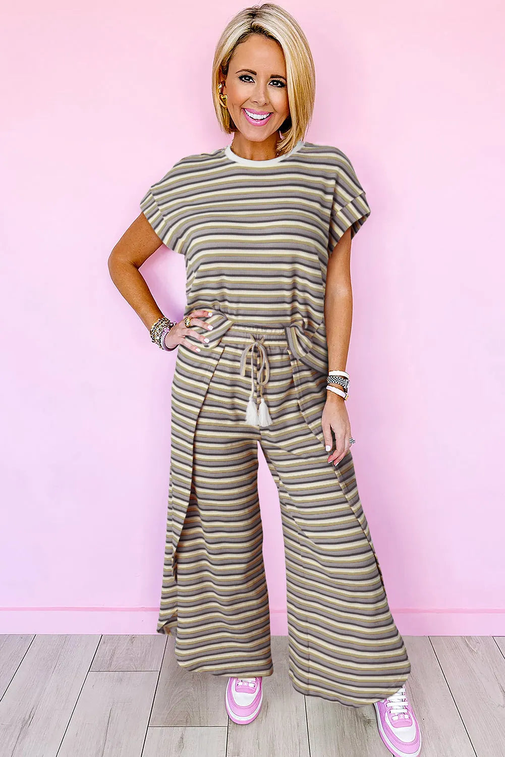 Black Stripe Rainbow Tee Tasseled String Wide Leg Pants Set - Chic Meadow Boutique 