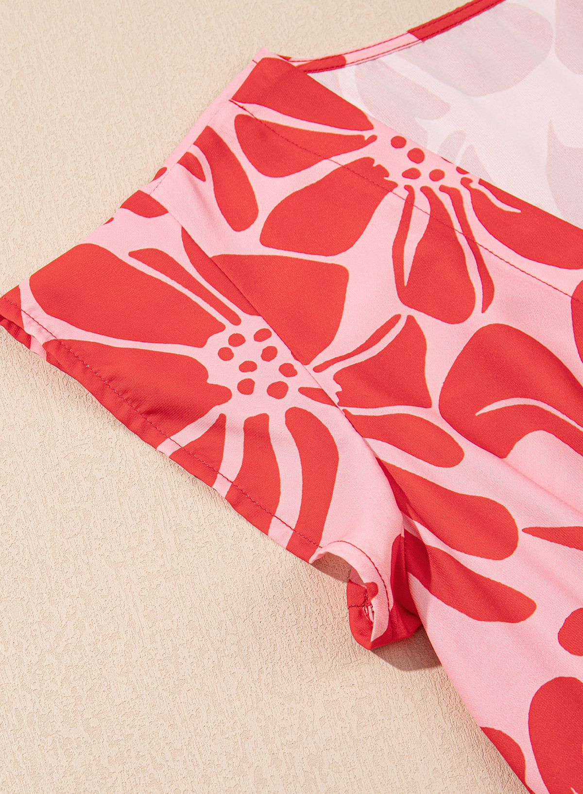 Red Boho Floral Short Sleeve V Neck Buttoned Shirred Waist Long Dress