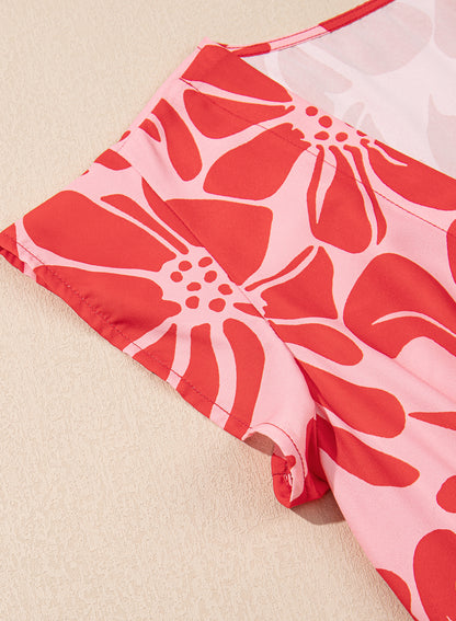 Red Boho Floral Short Sleeve V Neck Buttoned Shirred Waist Long Dress