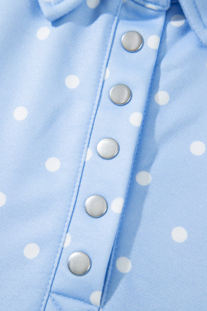 Sky Blue Polka Dot V Neck Metal Button Long Sleeve Shift Plus Size Sweatshirt
