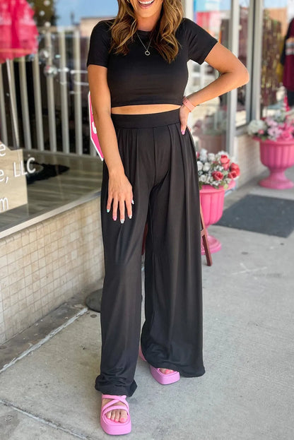 Black Slim Fit Crop Top and Pleated Wide Leg Pants Set - Chic Meadow Boutique 