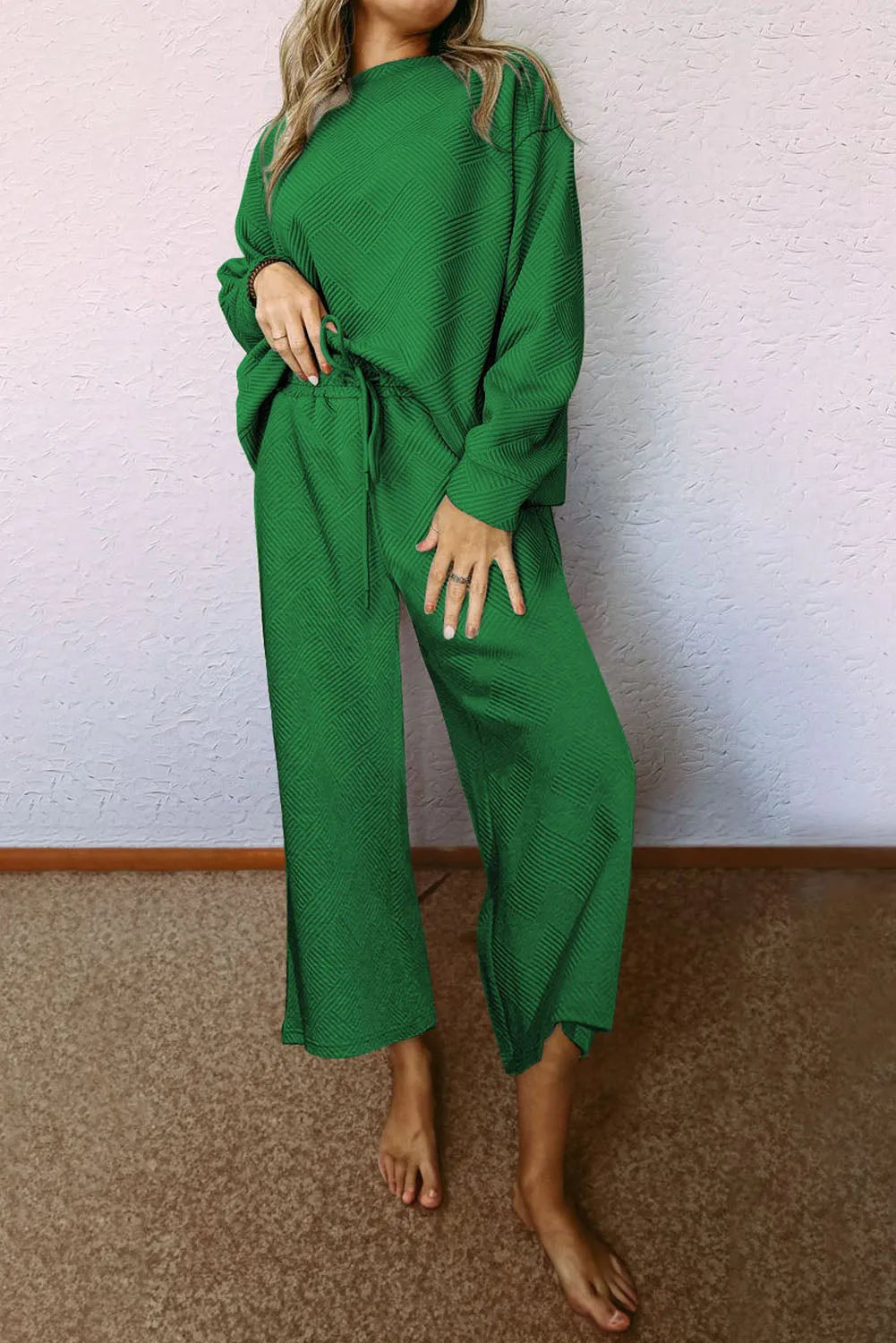 Dark Green Ultra Loose Textured 2pcs Slouchy Outfit - Chic Meadow Boutique 