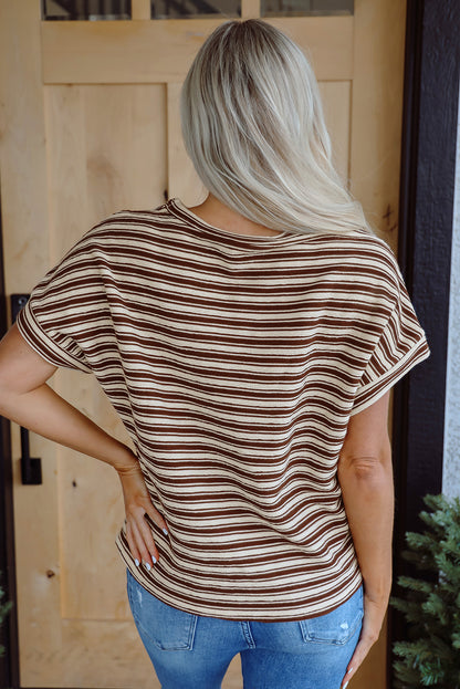 Brown Stripe Textured Side Slits Crew Neck T Shirt
